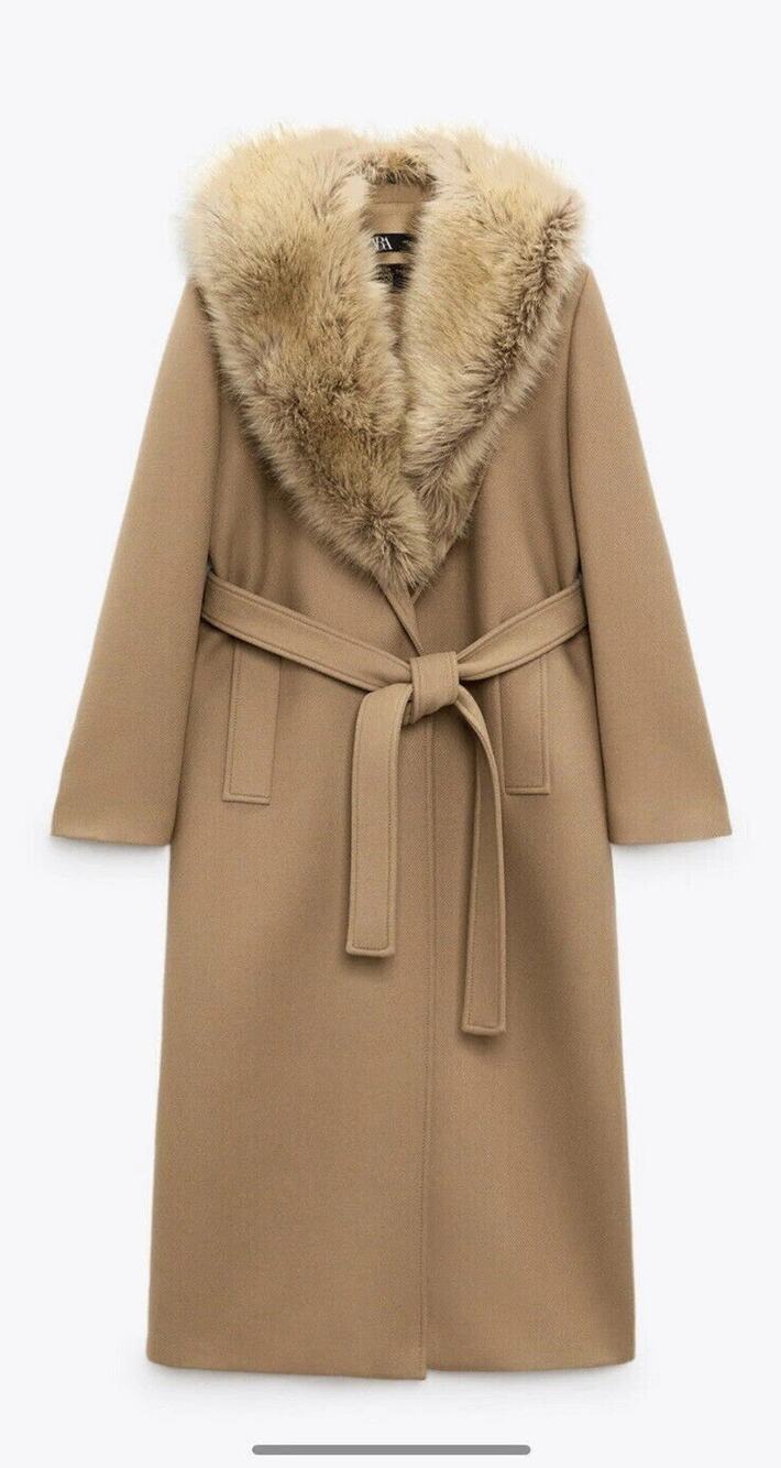 Zara Belted Wool Faux Fur Collar Coat - S